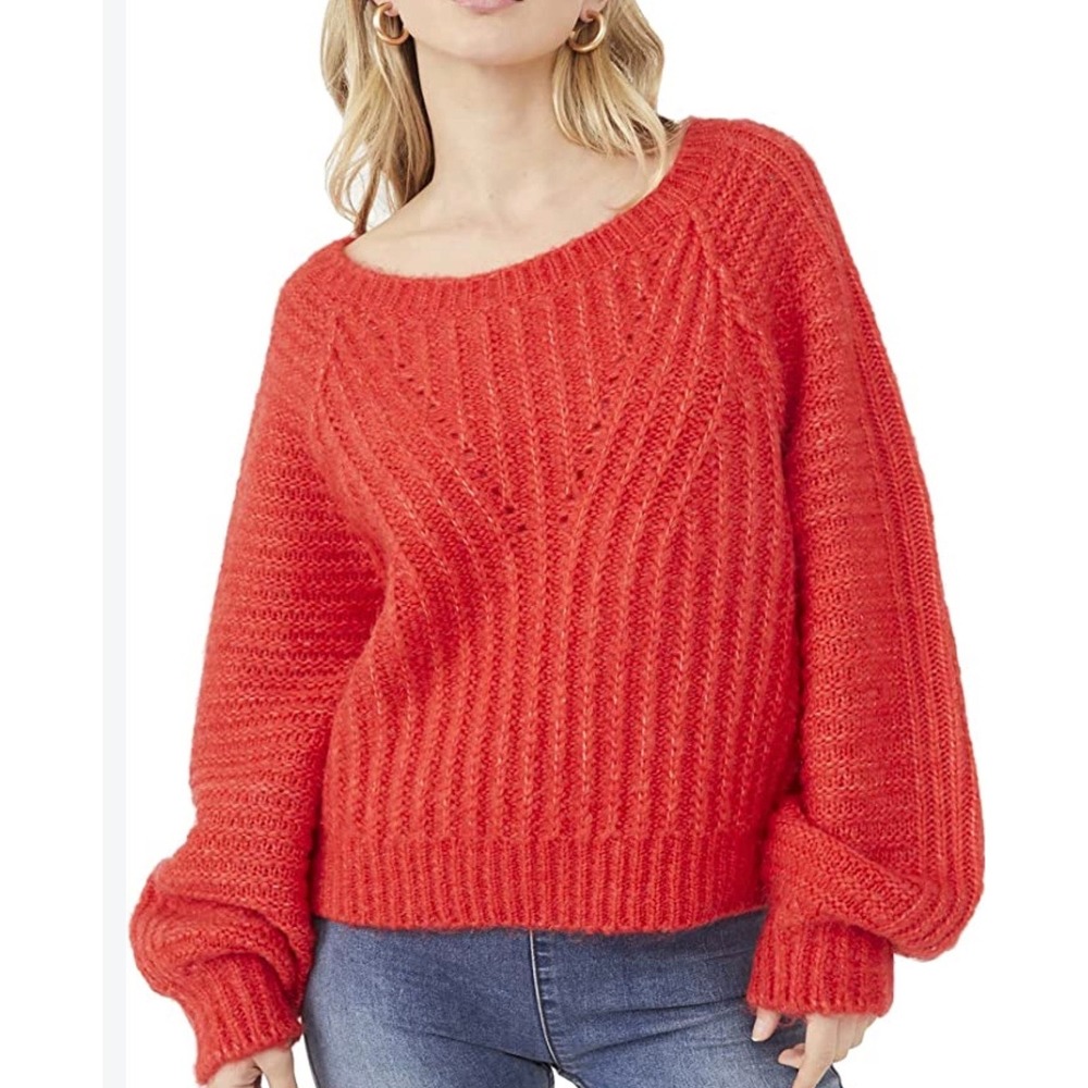 Free People "Carter" Fuzzy-Knit Pullover Sweater vibrant colorway "Red Hot SM